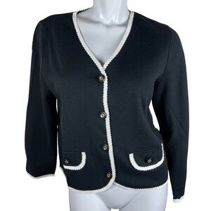 Lemme for Nina Leonard 100% Acrylic Black Cardigan Sweater w/ White Accent Large